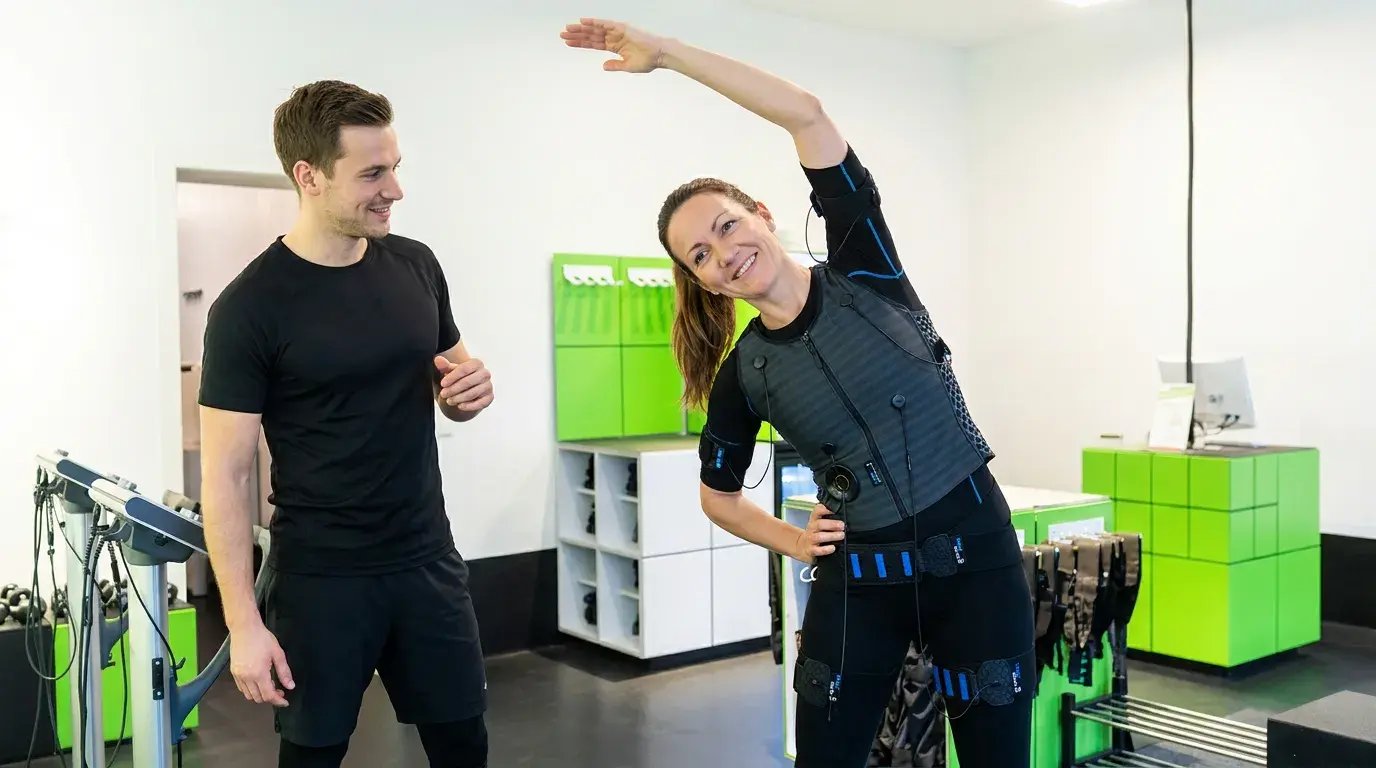 Frau im EMS-Anzug dehnt die Seite, Trainer begleitet das Probetraining im fitbox Studio
